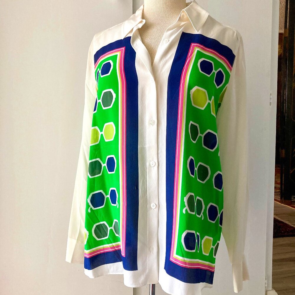 NWOT Trina Turk Redondo Long Sleeve SILK Blouse, Medium, Geometric, Button-Up - Picture 3 of 15